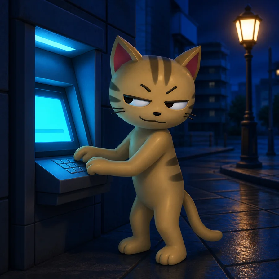 The cat covering the keypad of a cash machine at night