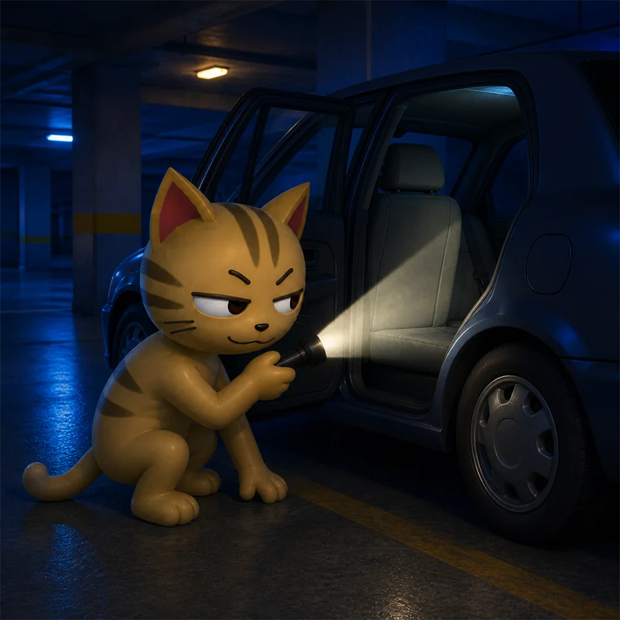 The cat checking the back seat of a car with a torch