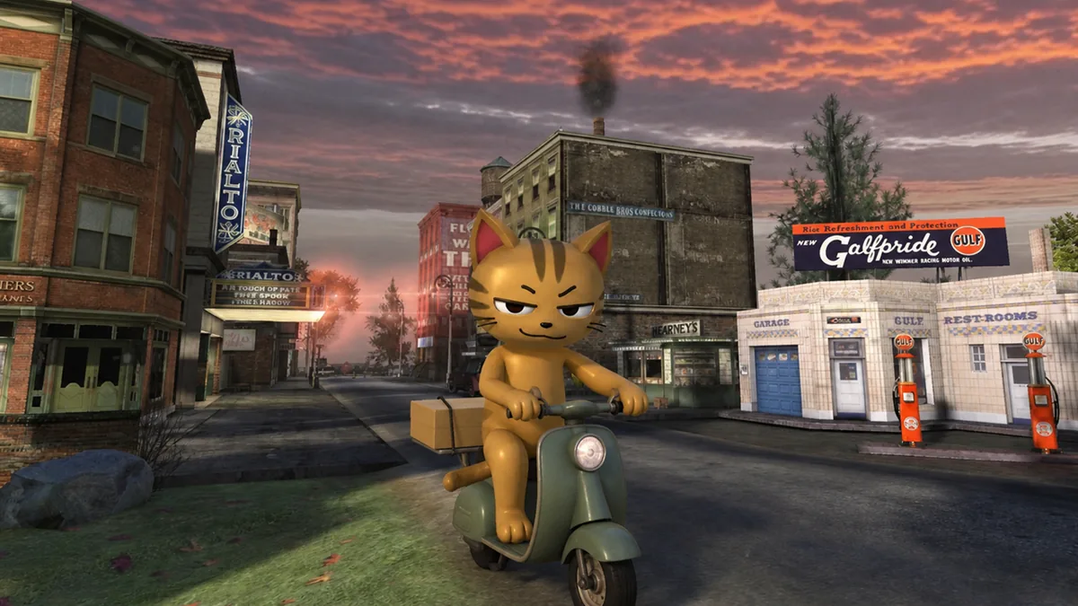 The cat delivering pizza on a scooter at sunset