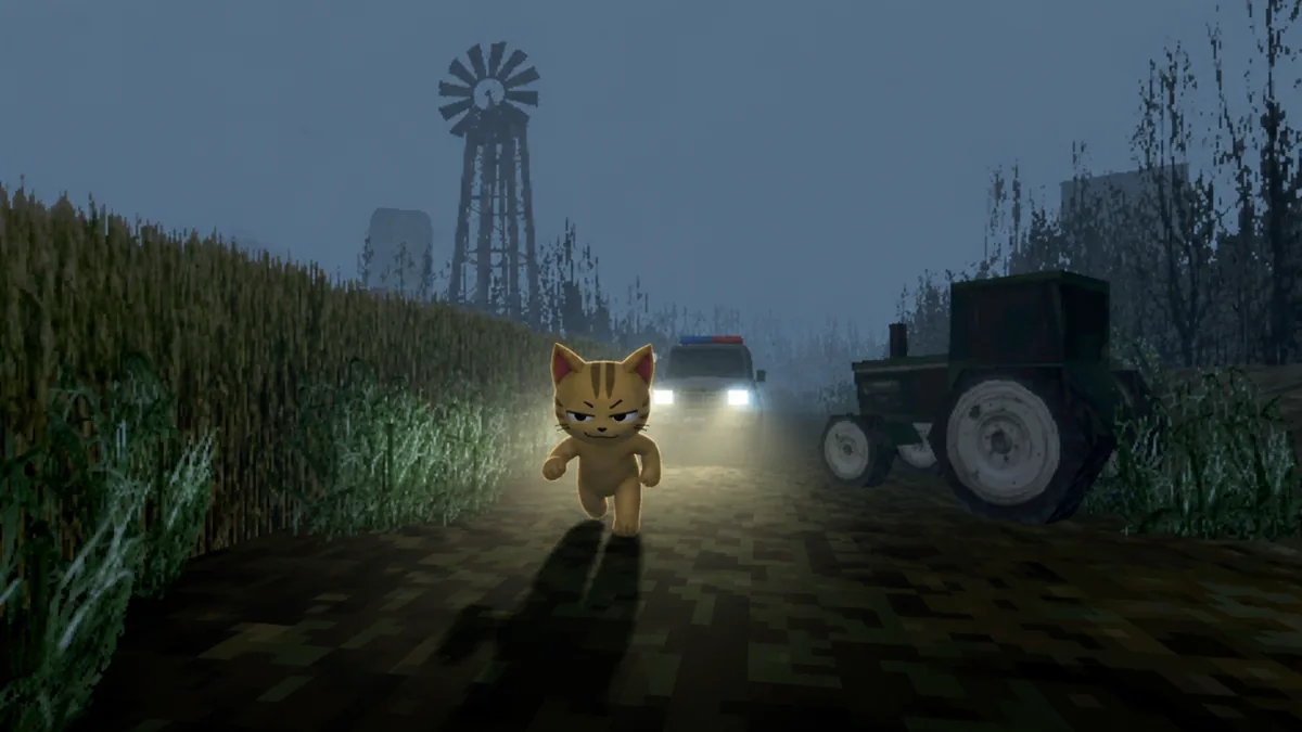 The cat running down a night road away from a police car