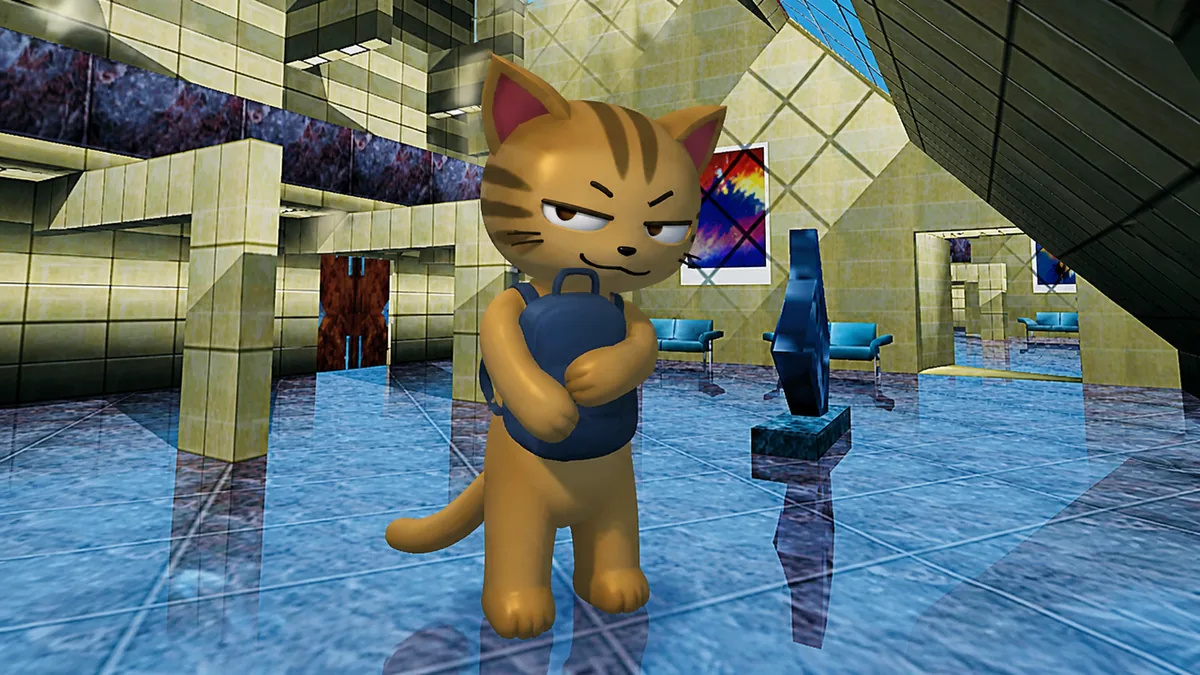 The cat alone in a huge empty lobby